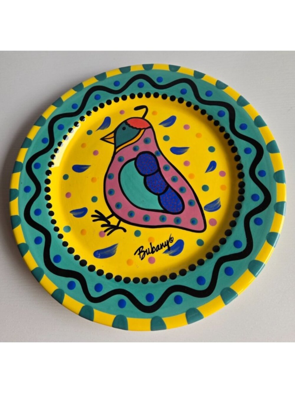 Chris Bubany Southwest Themed Platter Handpainted Artist Signed Folk Art Bird